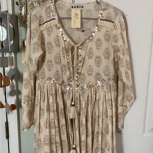 Barok Beige Tassel Boho Tunic Top/Cardigan with Sequin Trim Anthropologie Sz S/M